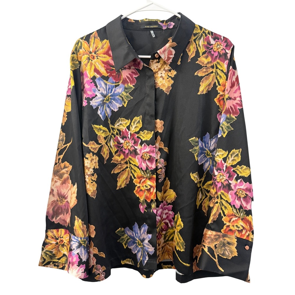 Kobi Halperin Women XL Black Floral Satin Button Up Blouse Long Sleeve Elegant
